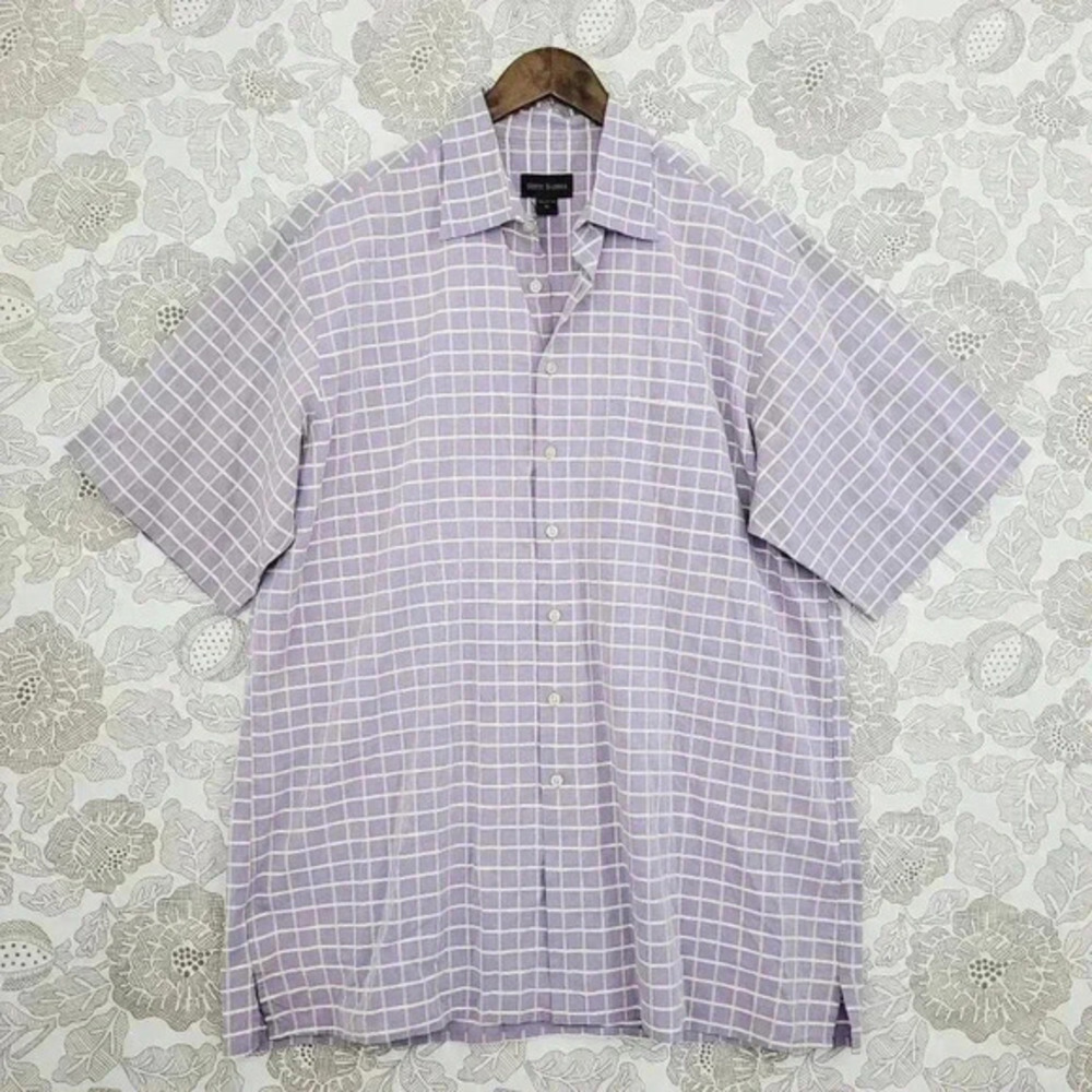 💥   Mens XL Purple Plaid‎ Cotton Button-Up Short Sleeve Shirt
